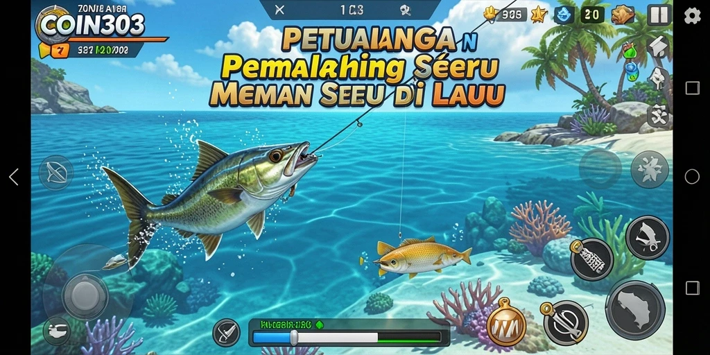 Tampilan gameplay COIN303 yang mendebarkan saat memancing di laut.