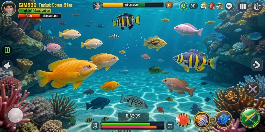 Screenshot GIM999 menampilkan momen menegangkan saat menembak ikan.