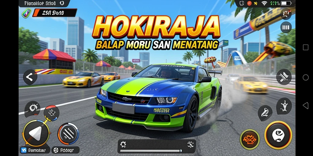 Gameplay HOKIRAJA menampilkan balapan mobil yang seru dan mendebarkan.