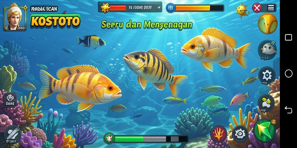Tampilan gameplay seru dalam KOSTOTO saat menangkap ikan.
