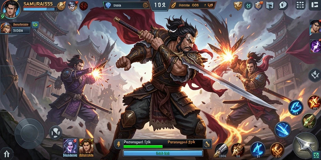 Screenshot gameplay SAMURAI555 yang menunjukkan pertempuran seru antara tim.
